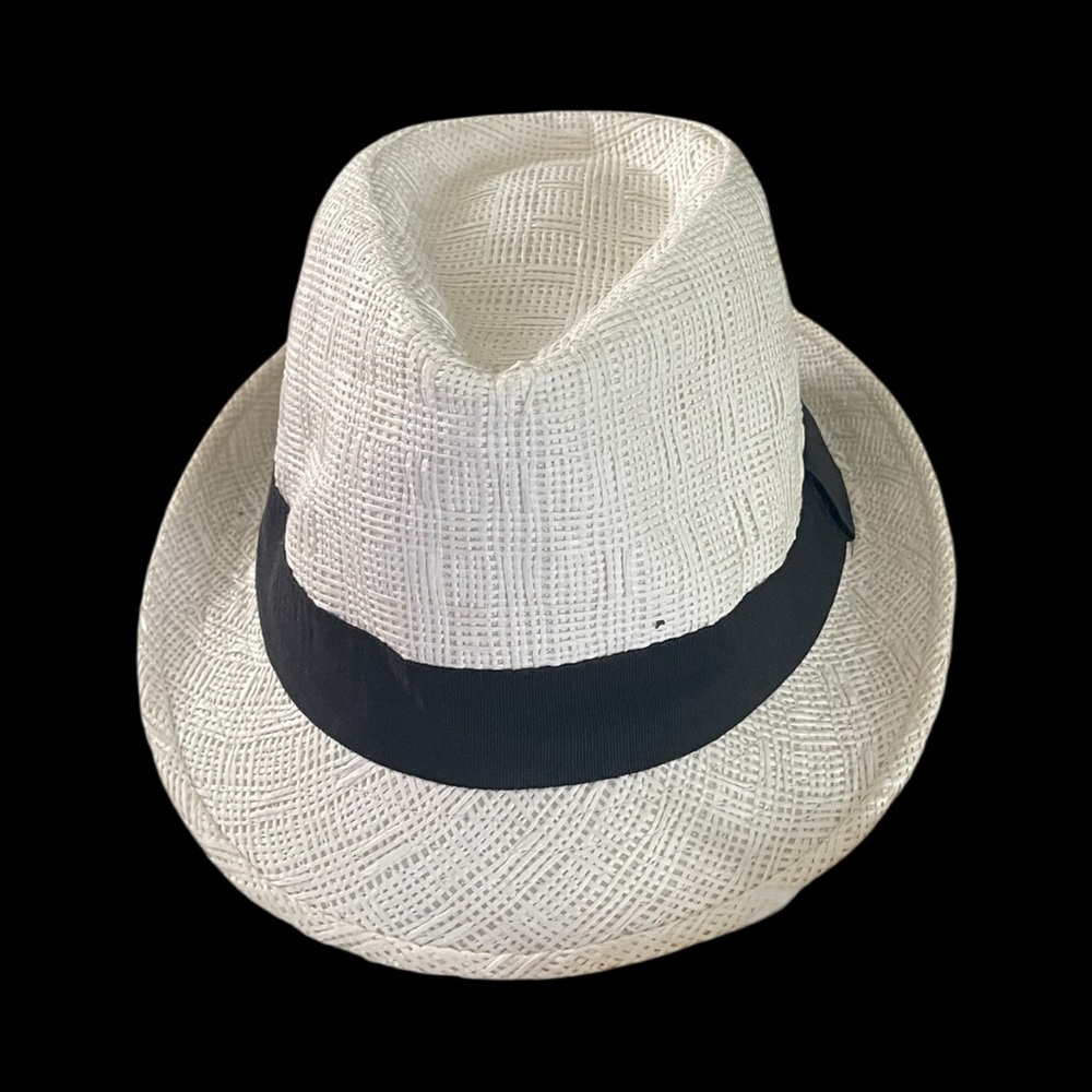 White Woven Fedora Hat with Black Band